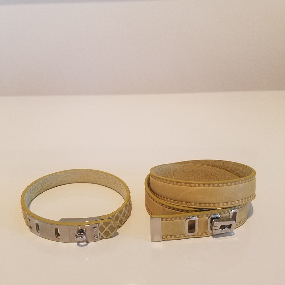 2 Fossil Green Leather Wrist Wrap Bracelets